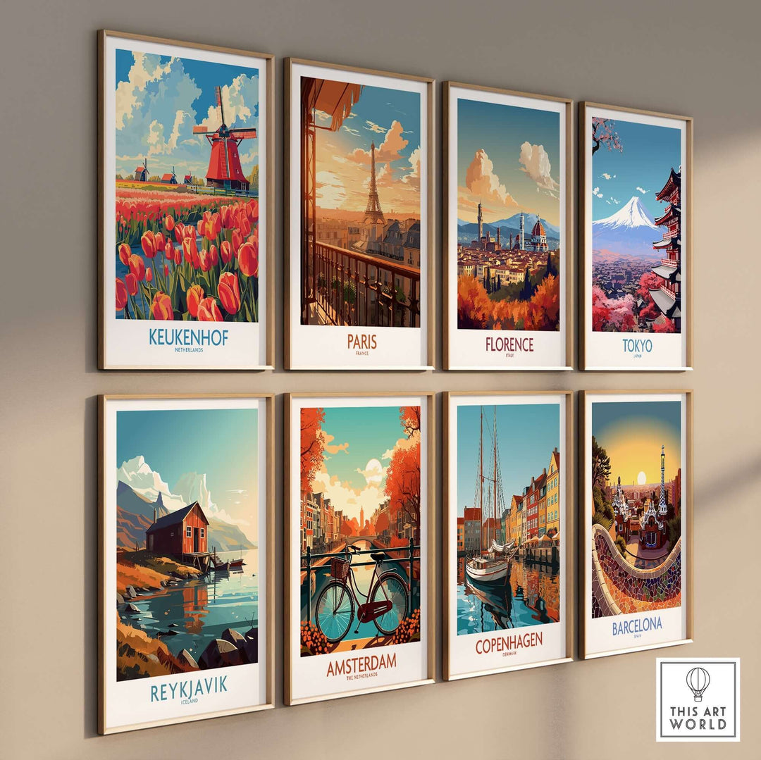 A wall display of vibrant travel posters featuring Keukenhof, Paris, Florence, Tokyo, Reykjavik, Amsterdam, Copenhagen, and Barcelona.