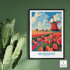Keukenhof Poster Netherlands showcasing vibrant tulips and iconic windmills of the Netherlands.