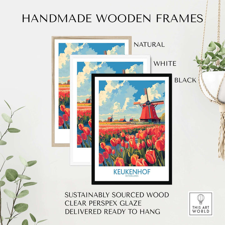 Handmade wooden frames in natural, white, and black for Keukenhof poster, sustainably sourced, ready to hang.