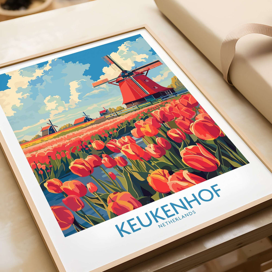 Keukenhof poster featuring vibrant tulips and traditional windmills in the Netherlands, perfect for home decor.