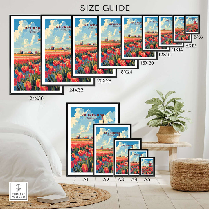 Size guide for Keukenhof Print featuring vibrant tulips, showcasing available frame sizes in a stylish home setting.