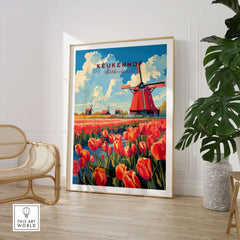 Keukenhof Print Netherlands showcasing vibrant tulips and windmills in a beautifully framed setting.