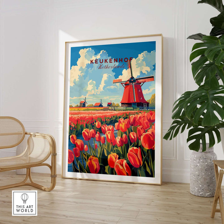 Keukenhof Print featuring vibrant tulips and iconic windmills, showcasing Dutch beauty in a stylish home setting.