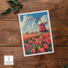 Keukenhof Print Netherlands featuring vibrant tulips and traditional Dutch windmills on a wooden background.
