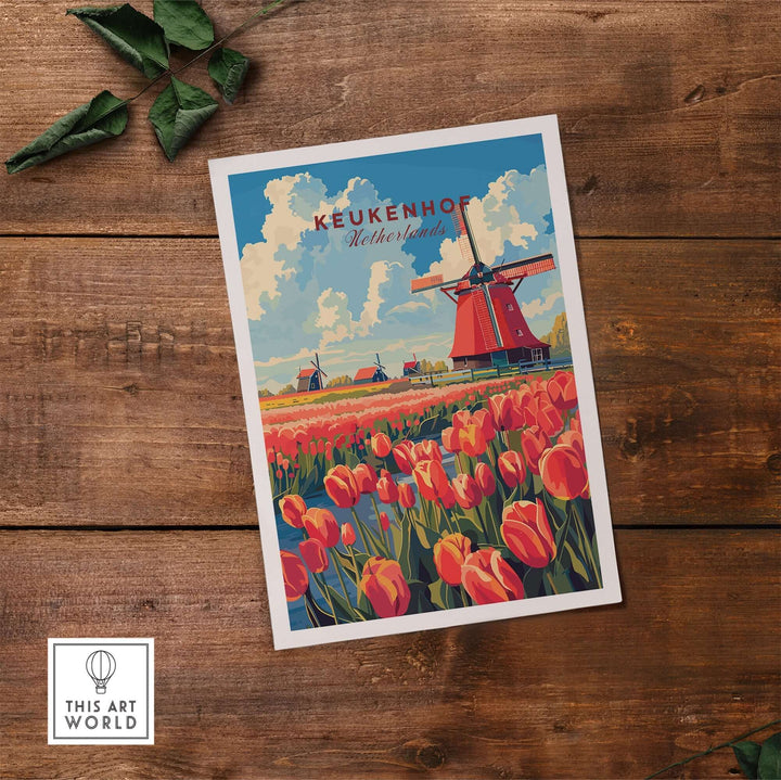 Keukenhof print showcasing vibrant tulips and windmills, capturing the charm of the Netherlands in colorful artwork.