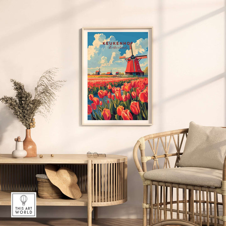 Keukenhof Print featuring vibrant tulips and a traditional windmill in a stylish home interior setting.