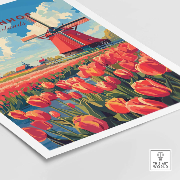 Keukenhof Print showcasing vibrant tulips with a windmill in the Netherlands, perfect for adding Dutch elegance to any decor.