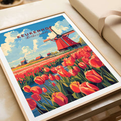 Keukenhof Print Netherlands showcasing vibrant tulips and a traditional windmill in a charming landscape.