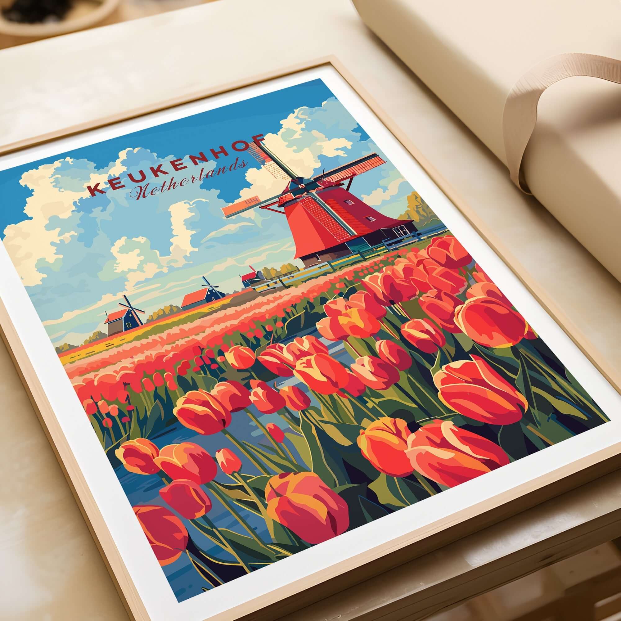 Keukenhof Print Netherlands showcasing vibrant tulips and a traditional windmill in a charming landscape.