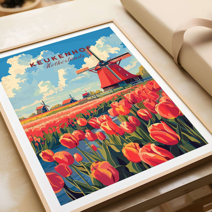 Keukenhof Print featuring vibrant tulips and windmills, capturing the charm of the Netherlands in a decorative art piece.