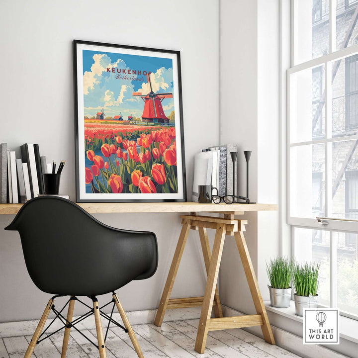 Keukenhof print featuring vibrant tulips and a traditional windmill in a stylish home office setting.