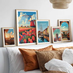 Framed art prints including Keukenhof Print Netherlands featuring tulips and iconic landmarks.