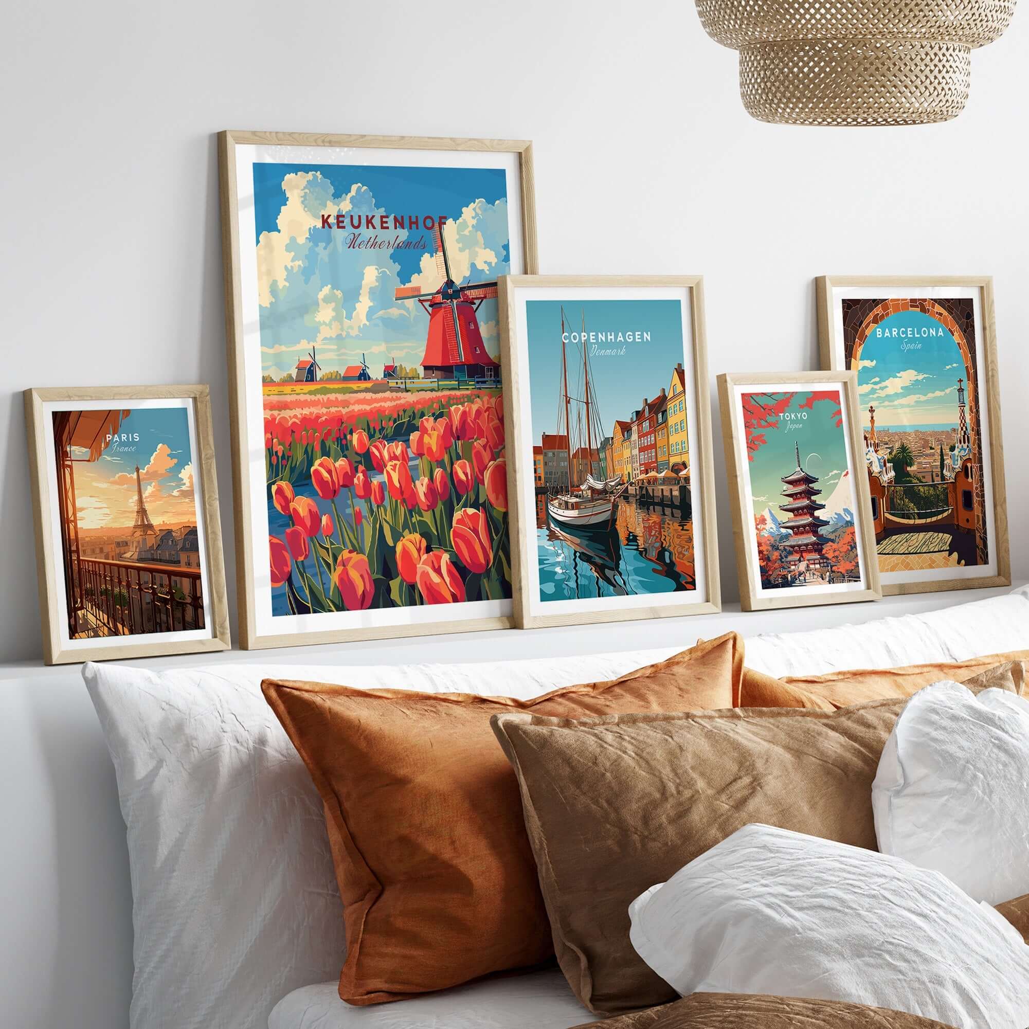 Framed art prints including Keukenhof Print Netherlands featuring tulips and iconic landmarks.
