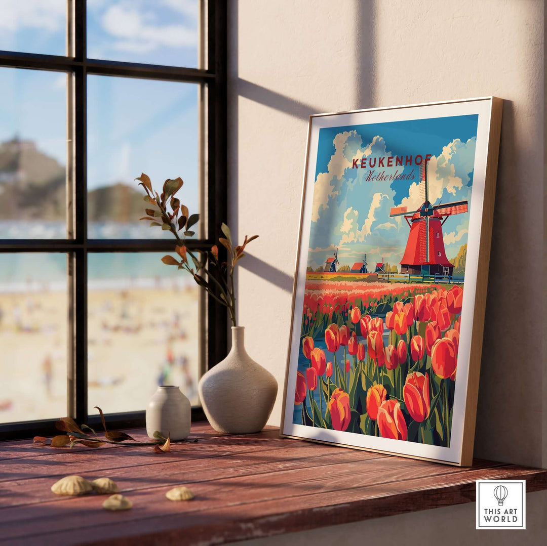 Keukenhof Print featuring vibrant tulips and a traditional windmill, enhancing home decor with Dutch elegance.