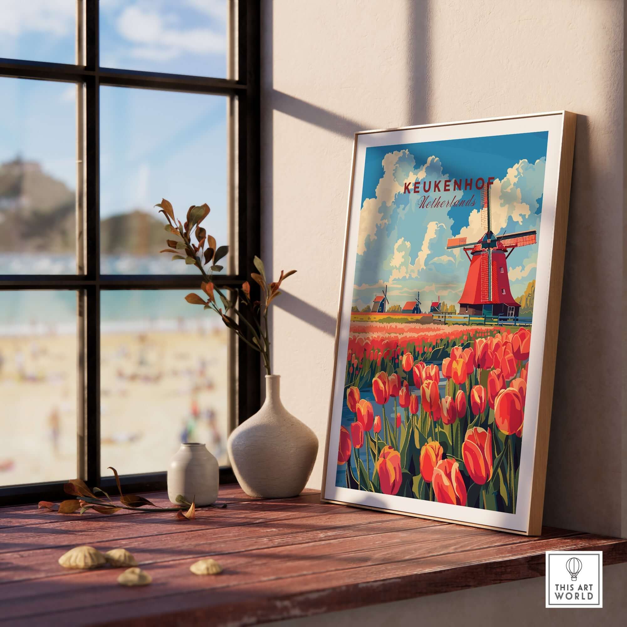 Keukenhof Print Netherlands - vibrant tulips and windmill in a stylish interior setting.