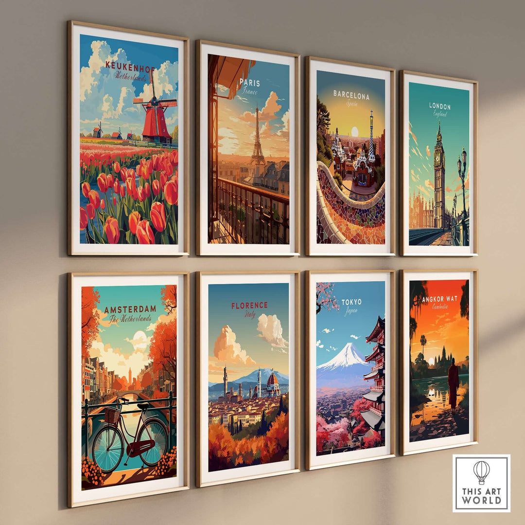 Collection of travel prints featuring Keukenhof, Paris, Barcelona, London, Amsterdam, Florence, Tokyo, and Angkor Wat.