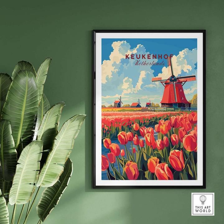 Vibrant Keukenhof Print featuring tulips and a windmill, showcasing Dutch charm in a stylish interior setting.