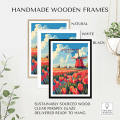Handmade wooden frames displaying Keukenhof Print Netherlands with vibrant tulips and windmill design.