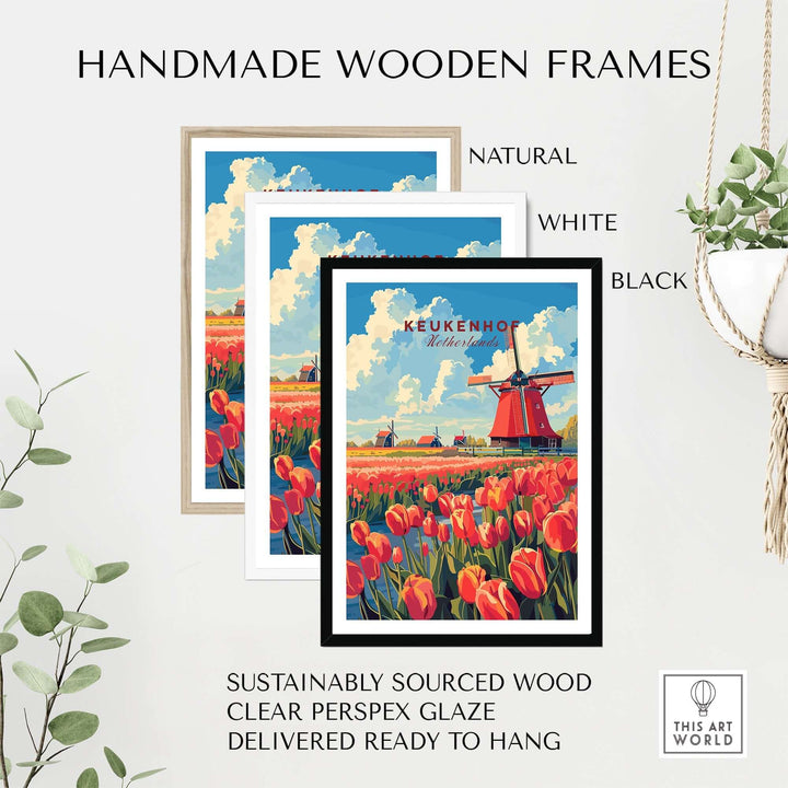 Handmade wooden frames in natural, white, and black, featuring Keukenhof print with tulips and windmill, ready to hang.