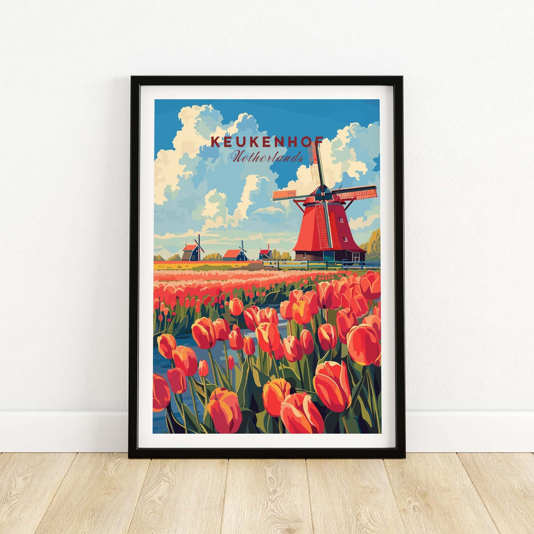 Keukenhof Print featuring vibrant tulips and traditional windmills in a colorful scene of the Netherlands.