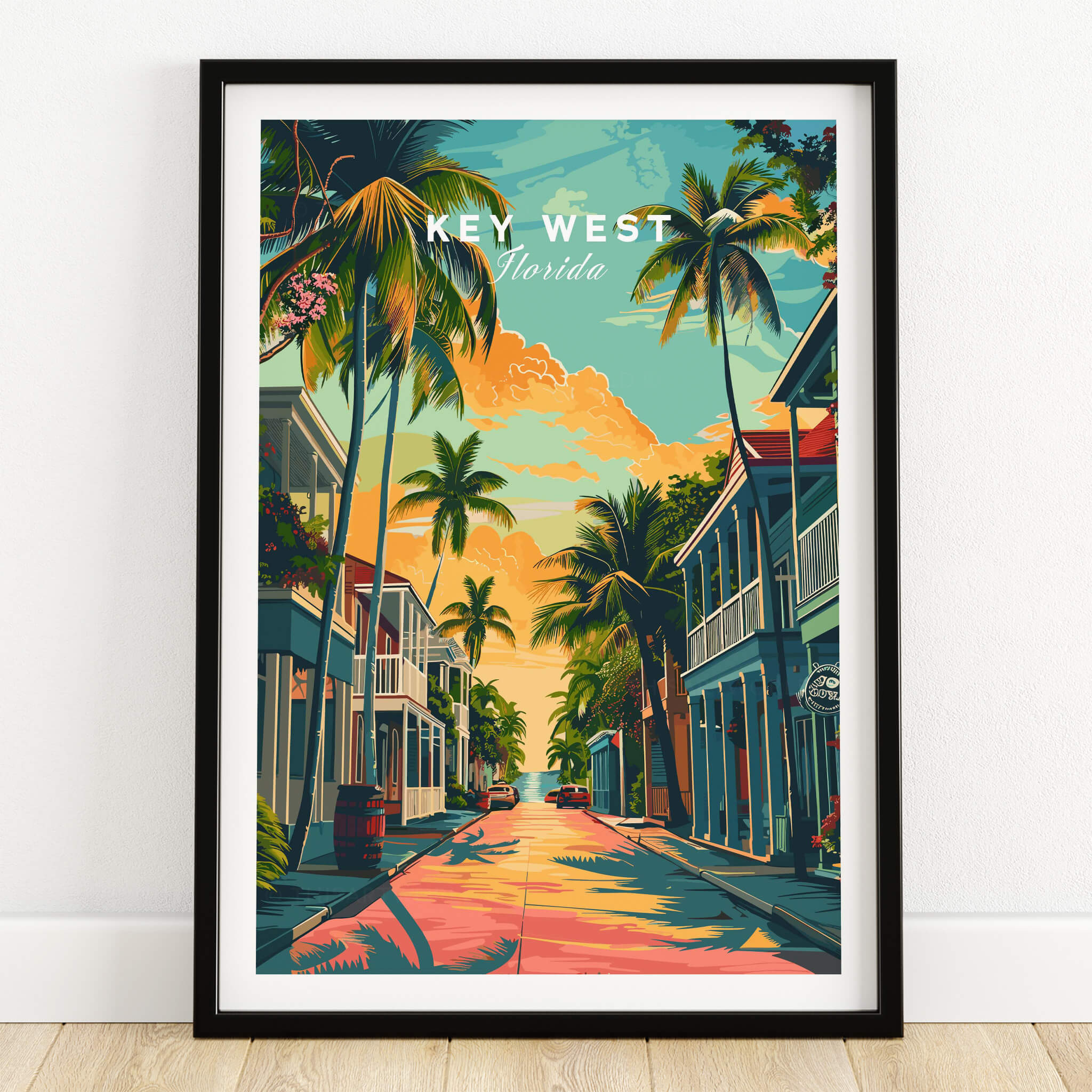 Key West Wall Art Print - Florida Travel Poster showcasing a vibrant street scene with palm trees and colorful buildings.