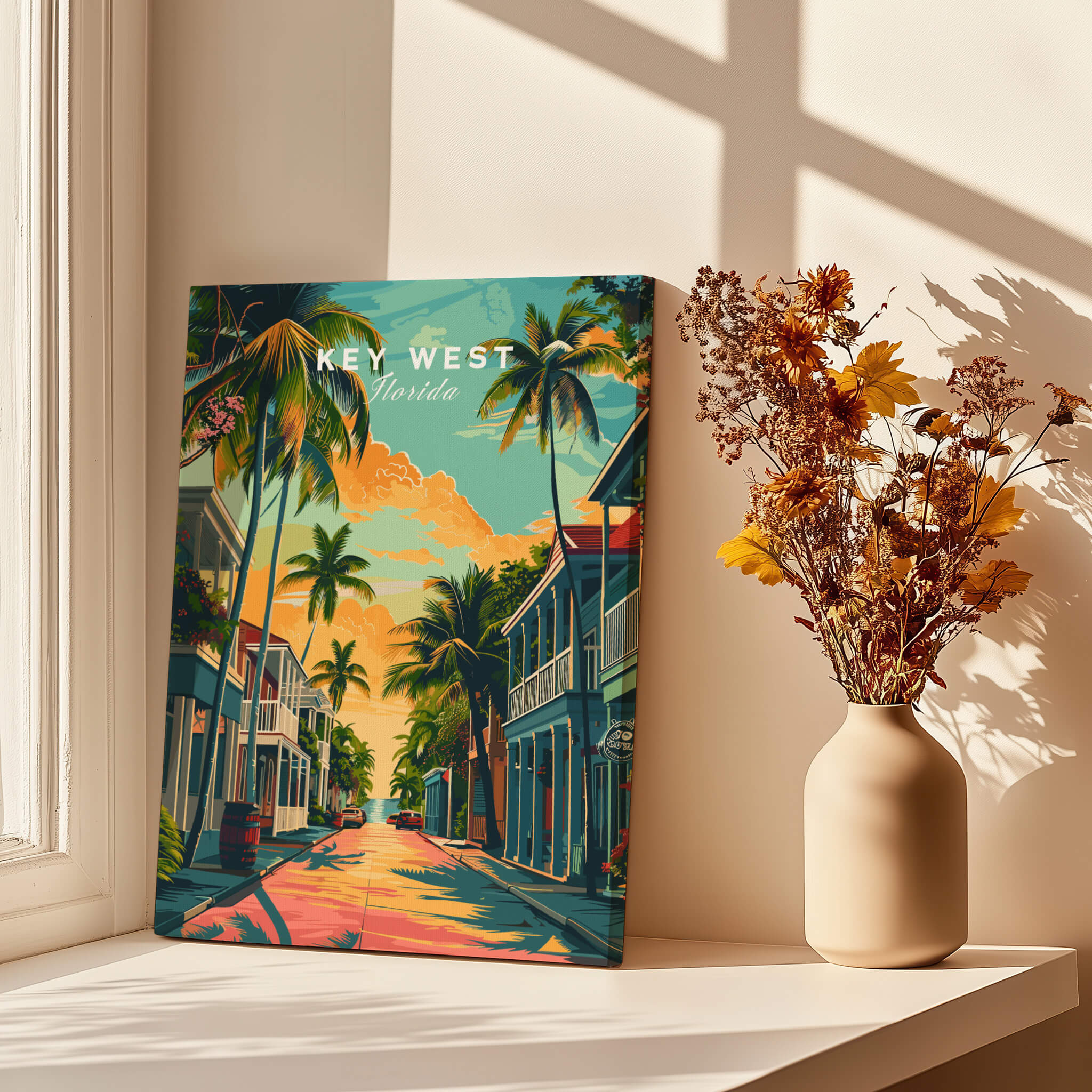 Key West Wall Art Print - Florida Travel Poster showcasing a vibrant tropical scene with palm trees and charming streets.