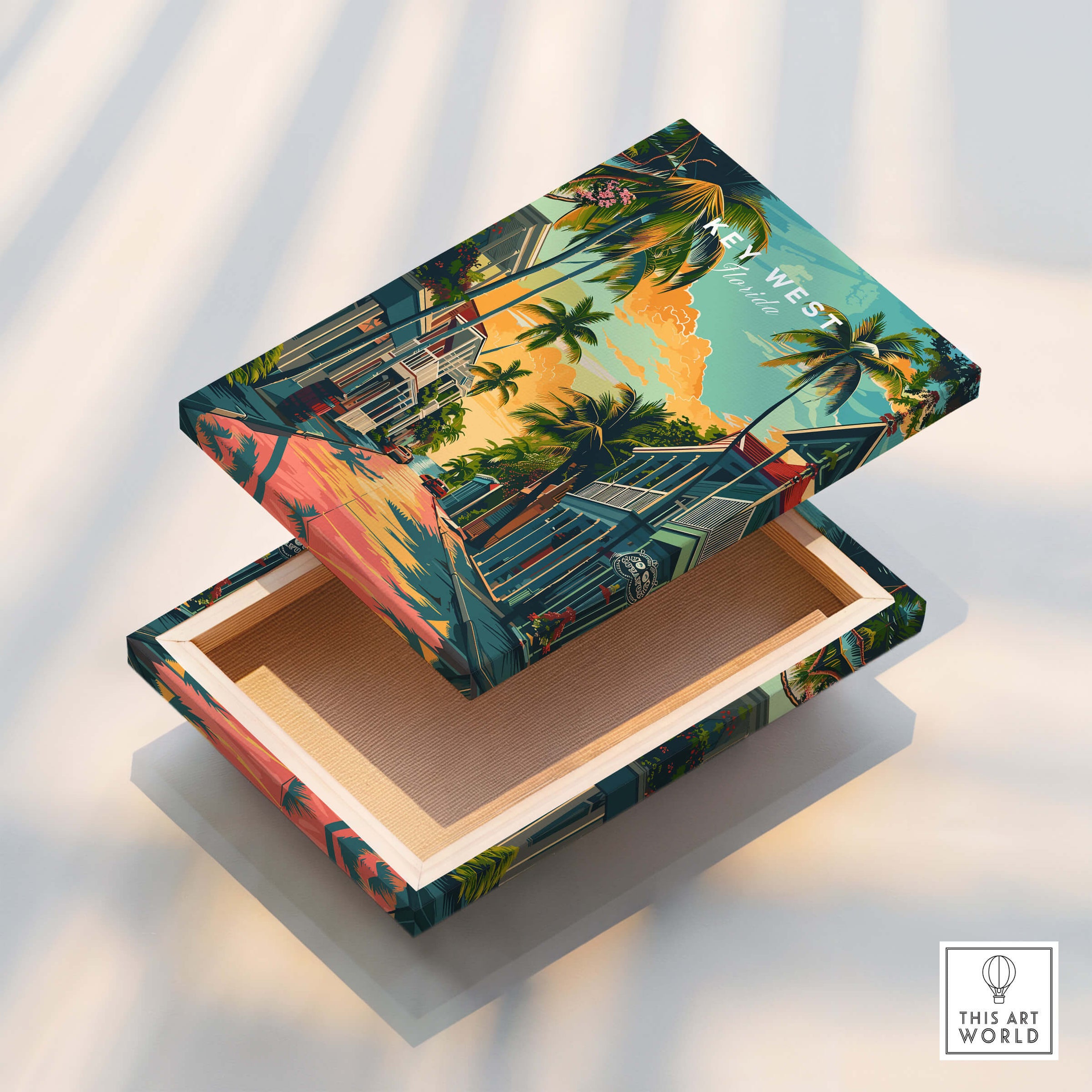 Key West Wall Art Print - Florida Travel Poster on a decorative box showcasing island scenery and vibrant colors.