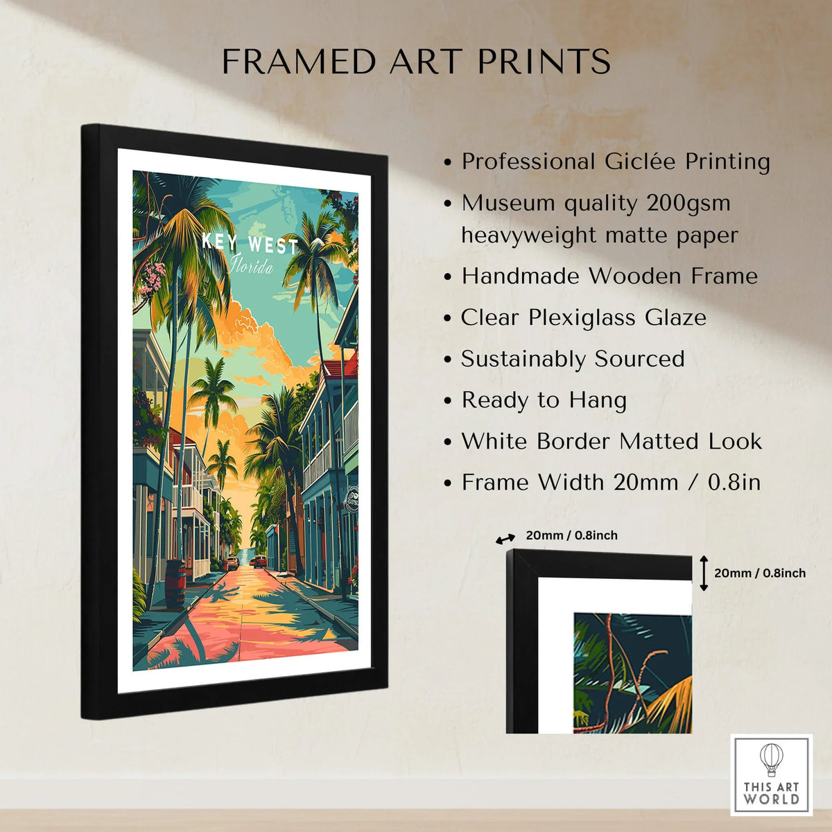 Key West Wall Art Print - Florida Travel Poster featuring vibrant tropical scene with palm trees and colorful buildings.