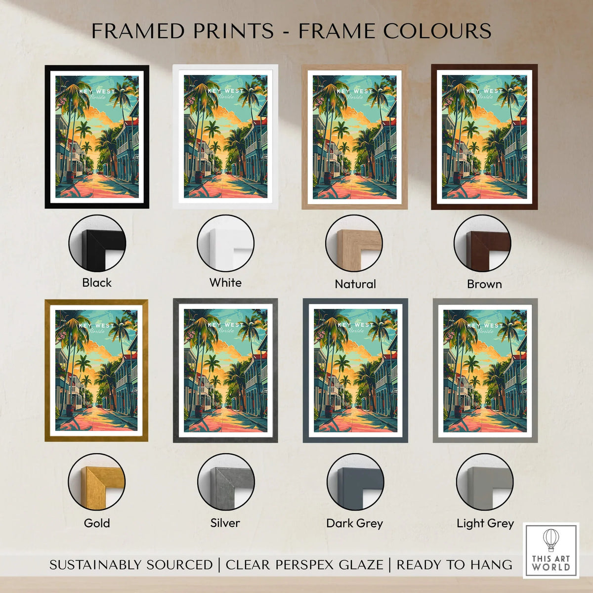 Key West Wall Art Print - Florida Travel Poster displayed with various frame color options including black, white, natural, and brown.