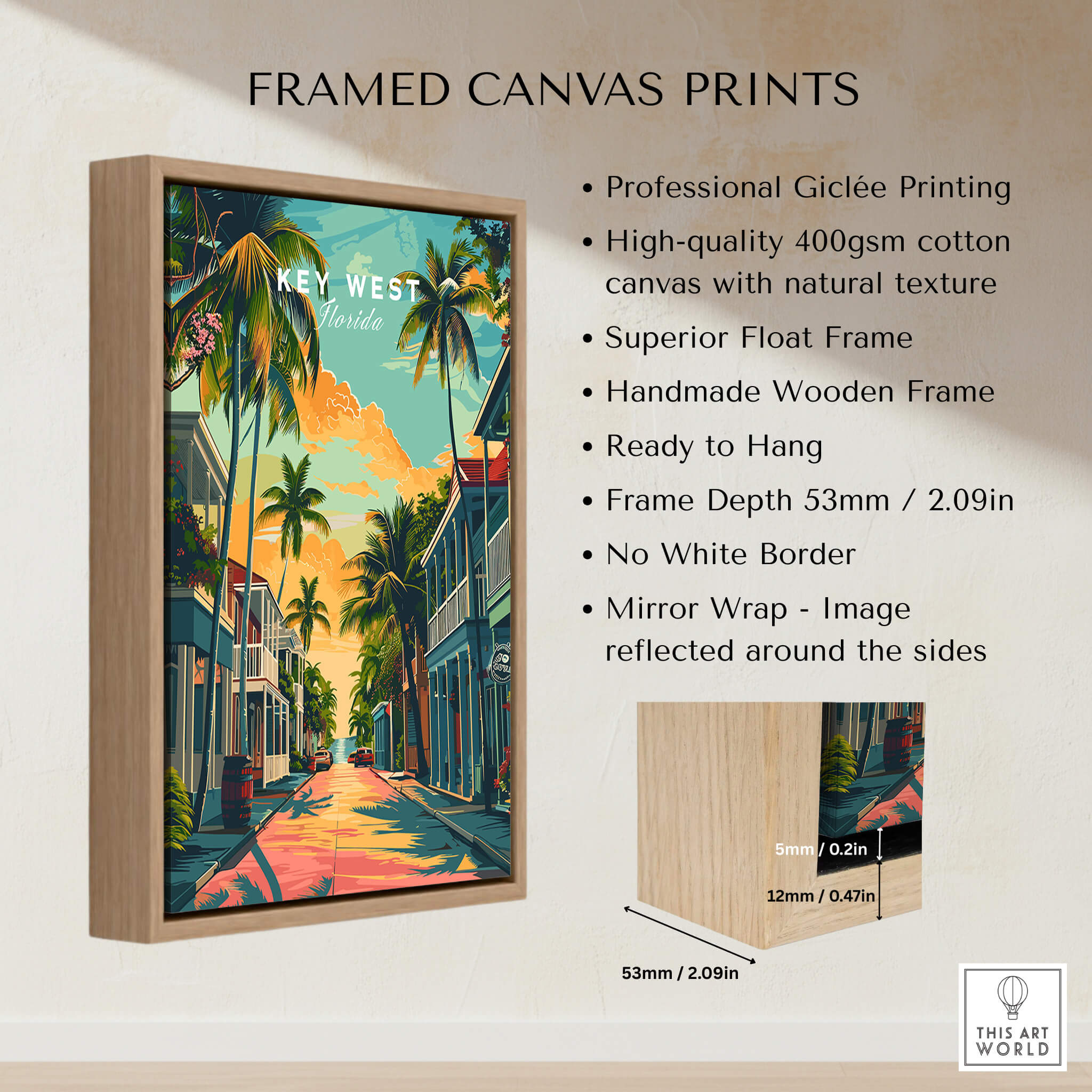 Key West Wall Art Print - Florida Travel Poster in a framed canvas print showcasing vibrant colors and tropical scenery.