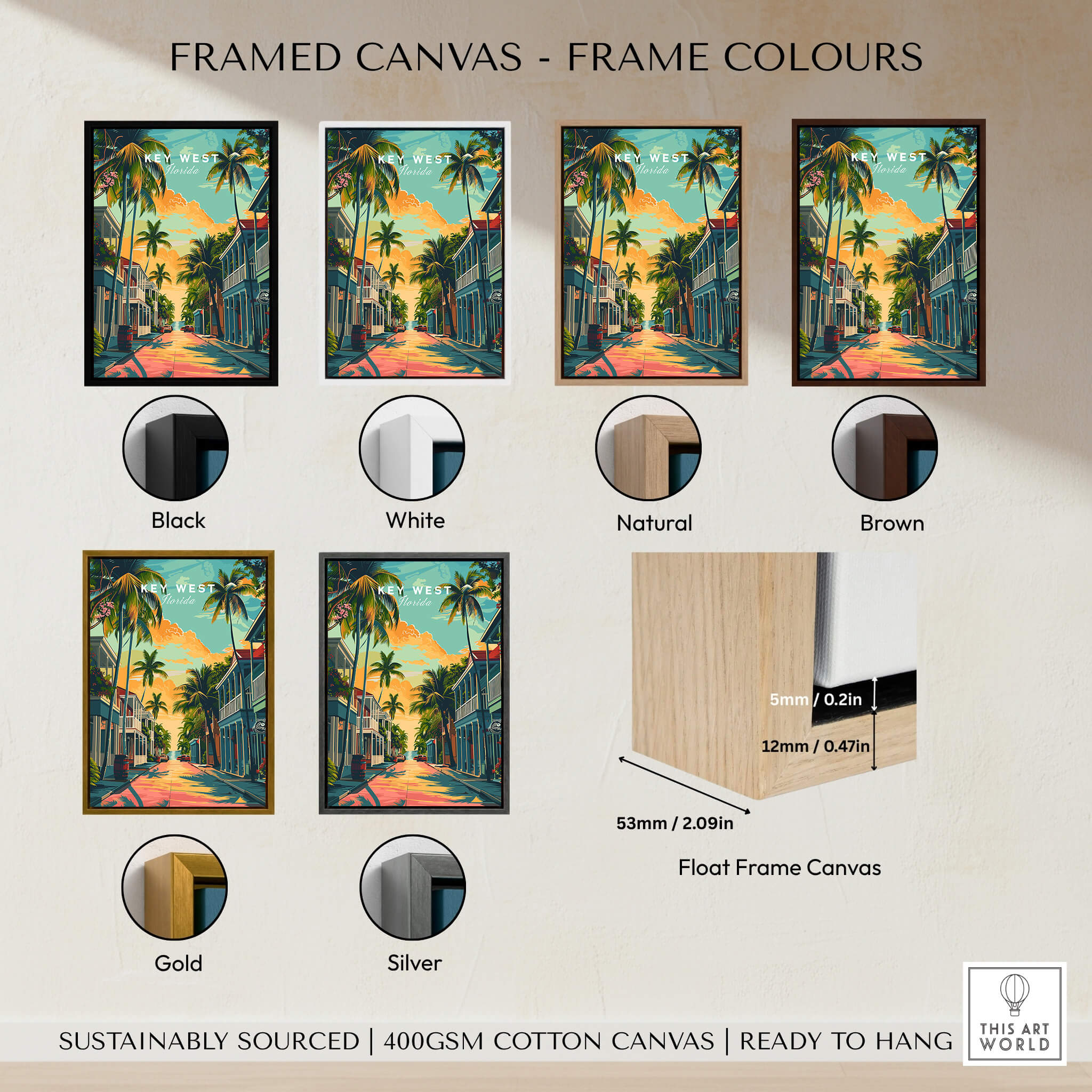 Framed canvas options for Key West Wall Art Print - Florida Travel Poster, showing black, white, natural, brown, gold, and silver frames.