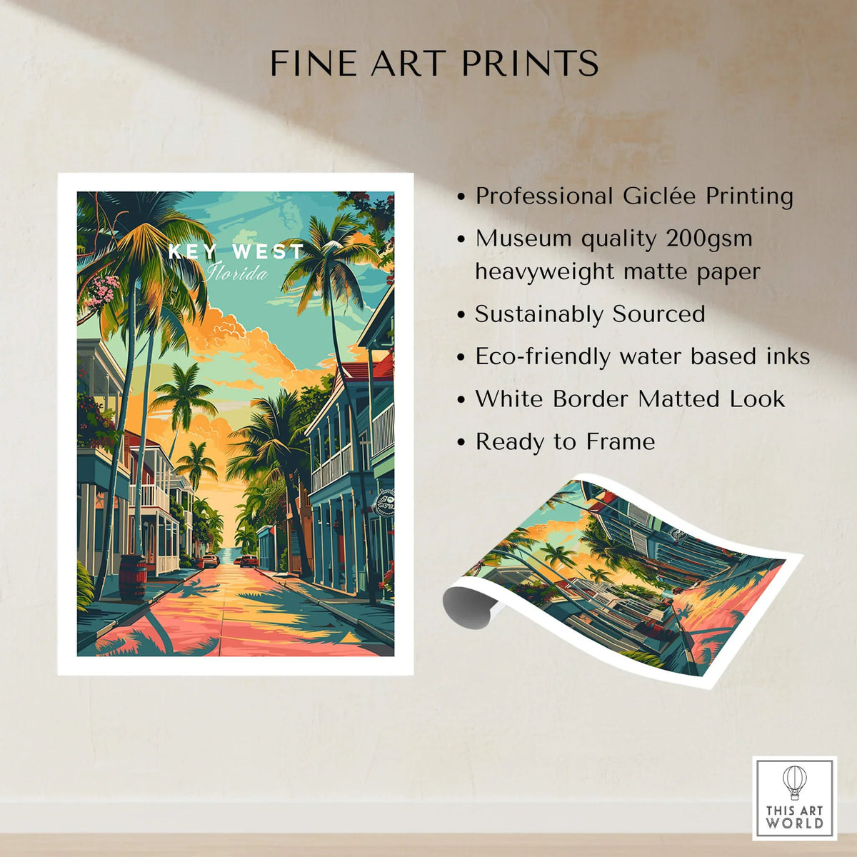 Key West Wall Art Print - Florida Travel Poster featuring tropical scenery and vibrant colors.
