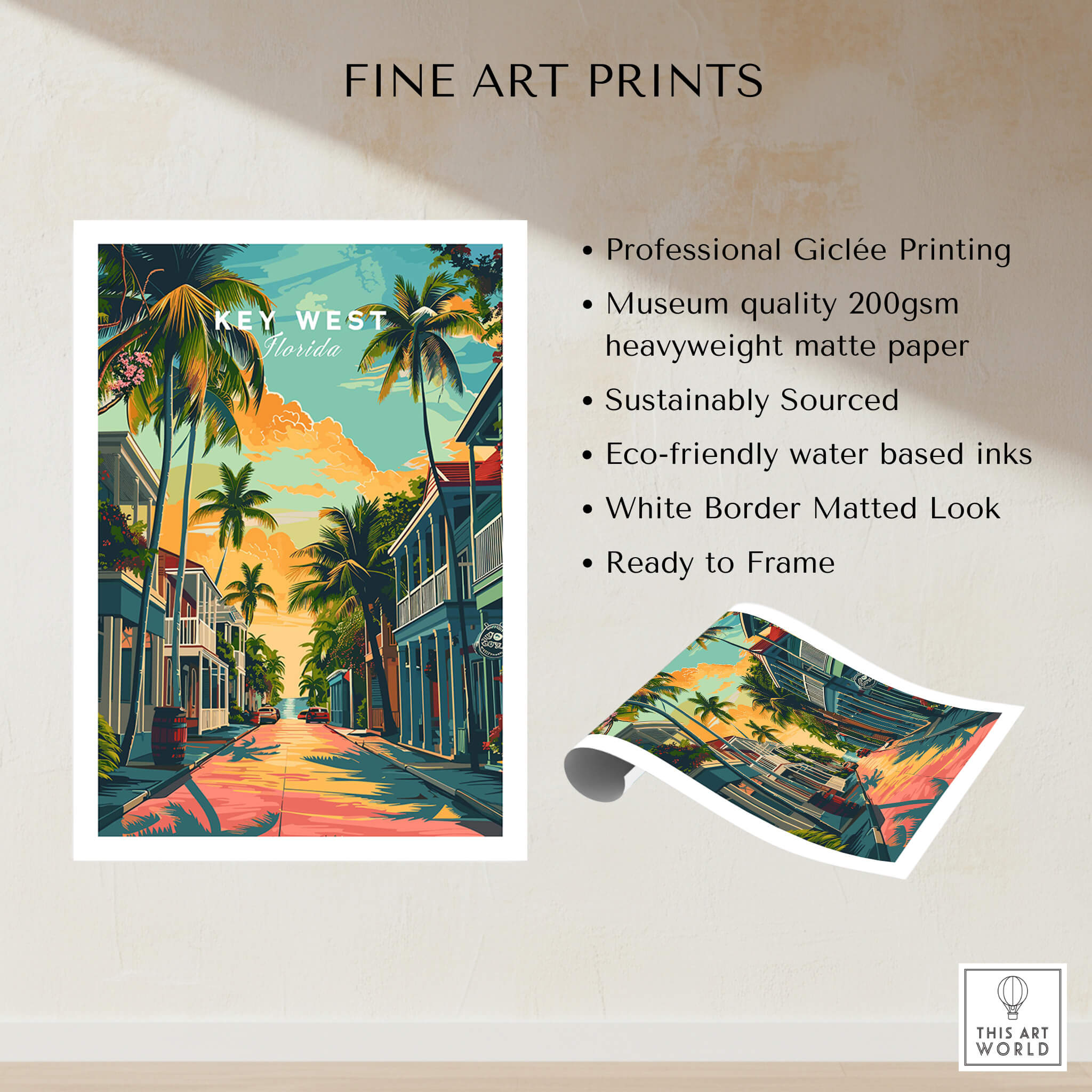 Key West Wall Art Print - Florida Travel Poster featuring tropical scenery and vibrant colors.