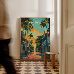 Key West Wall Art Print - Florida Travel Poster displayed in a stylish interior, featuring vibrant palms and a tropical scene.
