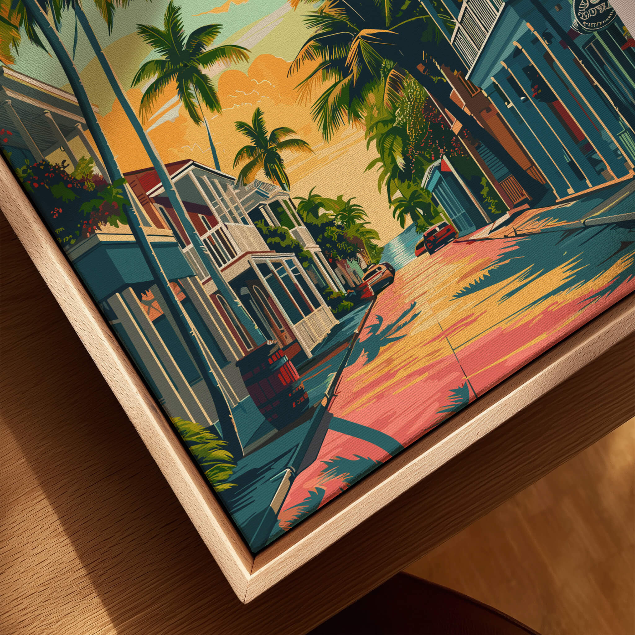 Key West Wall Art Print - Florida Travel Poster featuring a vibrant street scene with palm trees and colorful houses.