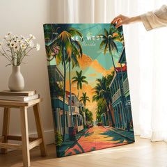 Key West Wall Art Print - Florida Travel Poster showcasing a vibrant street scene with palm trees and tropical colors.
