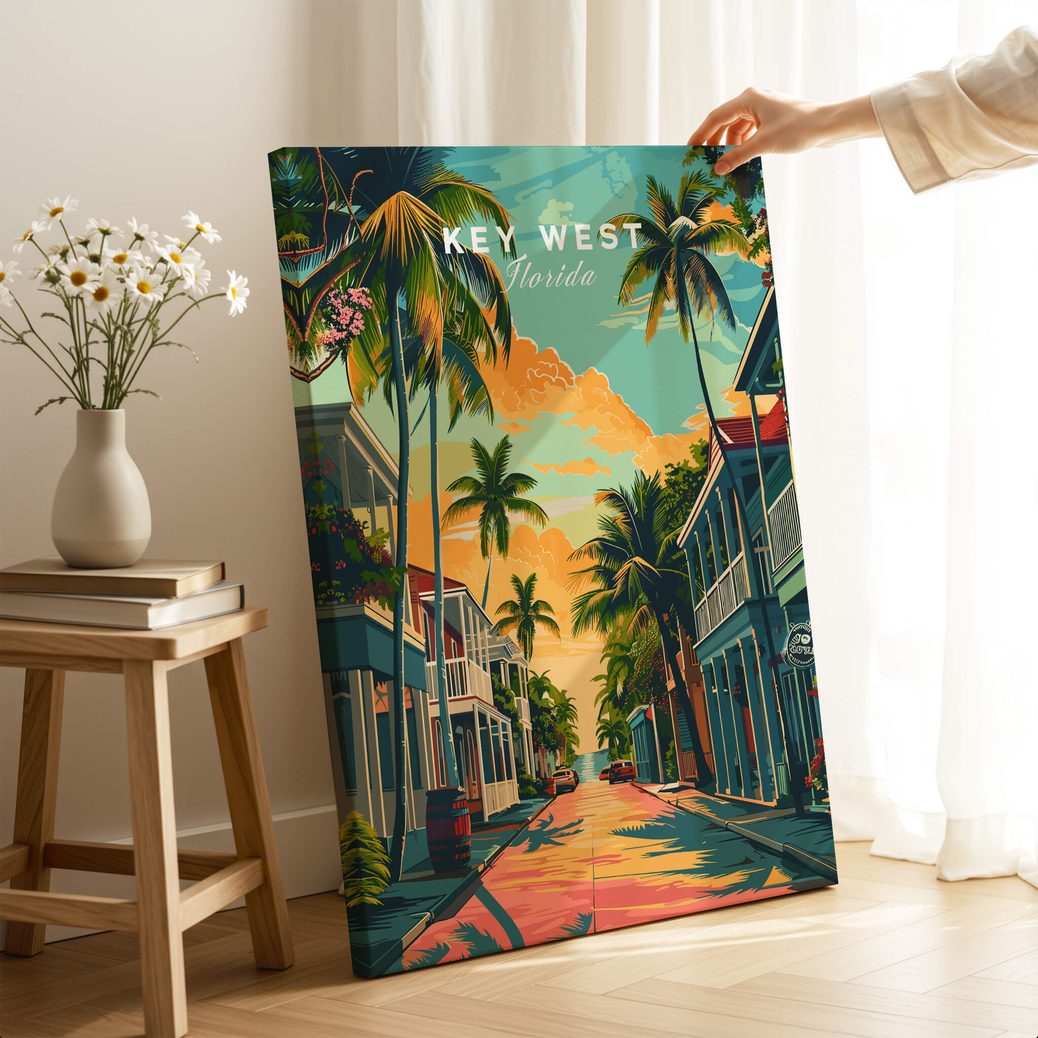 Key West Wall Art Print - Florida Travel Poster showcasing a vibrant street scene with palm trees and tropical colors.