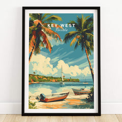 Key West Poster featuring tropical scenery with palm trees and boats in a vibrant landscape.