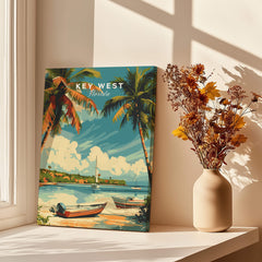 Key West Poster featuring a tropical beach scene with palm trees and boats, bringing the vibrant vibes of Florida.
