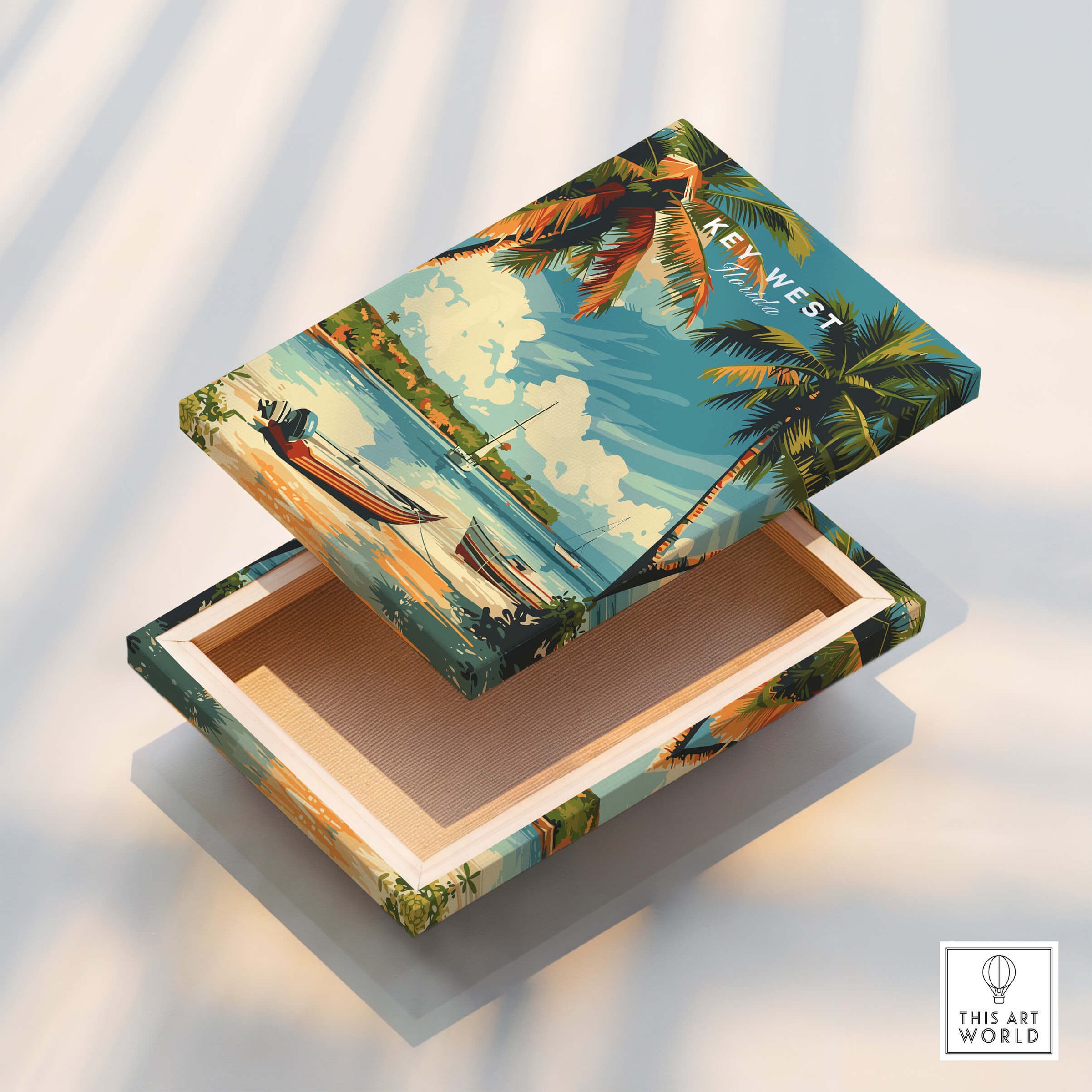 Key West Poster design on a beautifully crafted box with palm trees and tropical scenery.