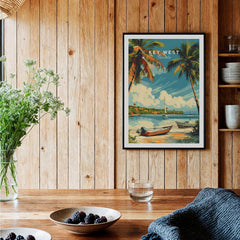 Key West Poster showcasing tropical scenery with palm trees and boats in a cozy interior setting.