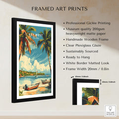 Framed Key West Poster showcasing vibrant tropical scenery, ready to hang, museum-quality giclée print.
