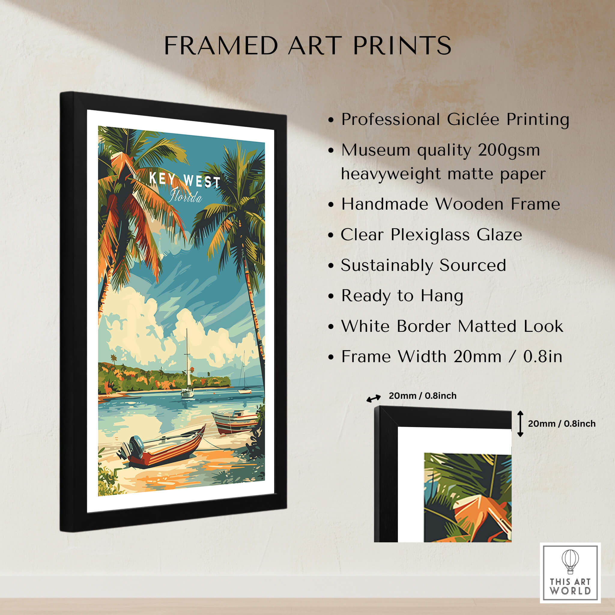 Framed Key West Poster showcasing vibrant tropical scenery, ready to hang, museum-quality giclée print.