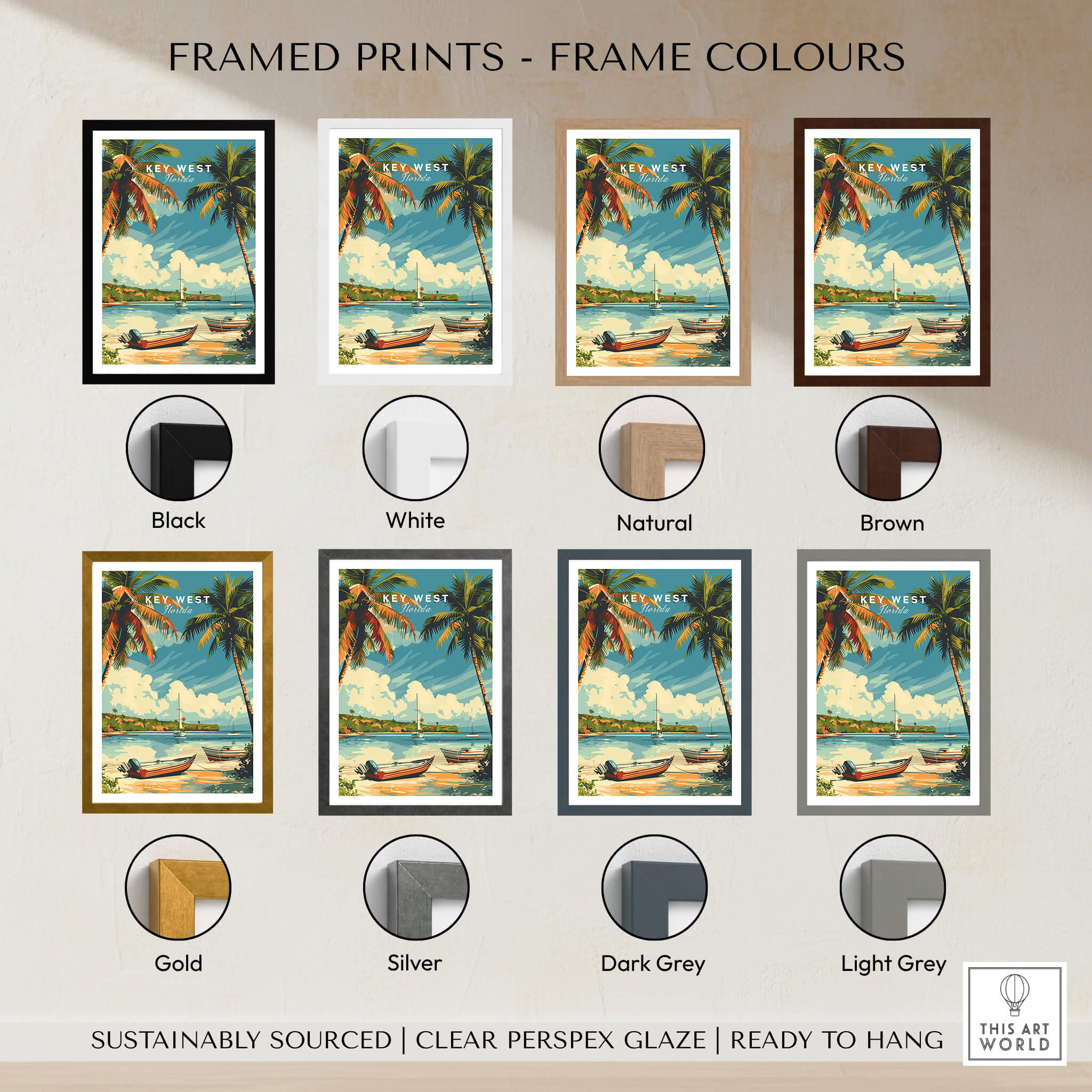 Framed Key West Poster prints in various frame colors: black, white, natural, brown, gold, silver, dark grey, light grey.