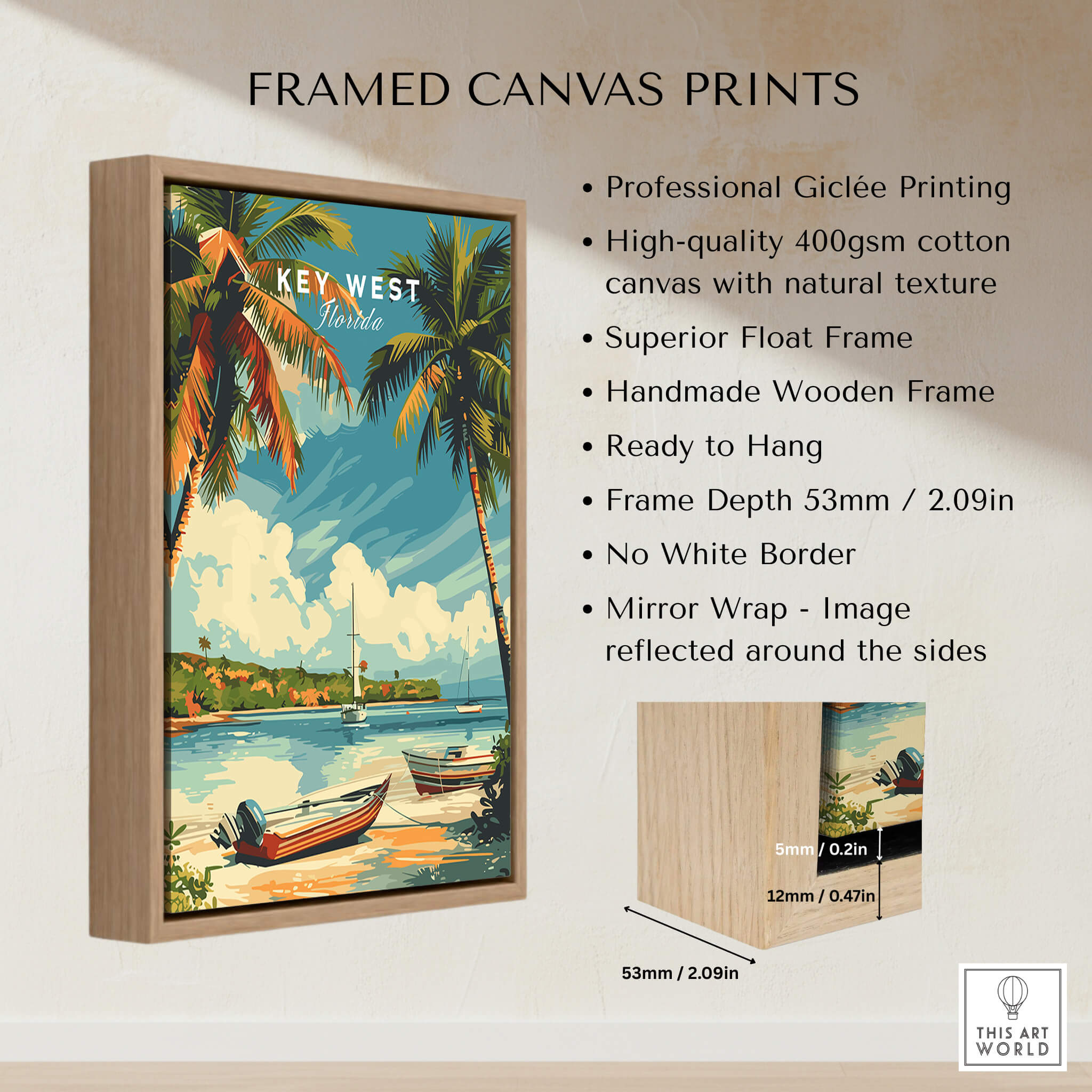 Key West Poster framed canvas print featuring tropical scenery and vibrant colors, ready to hang for home decor.