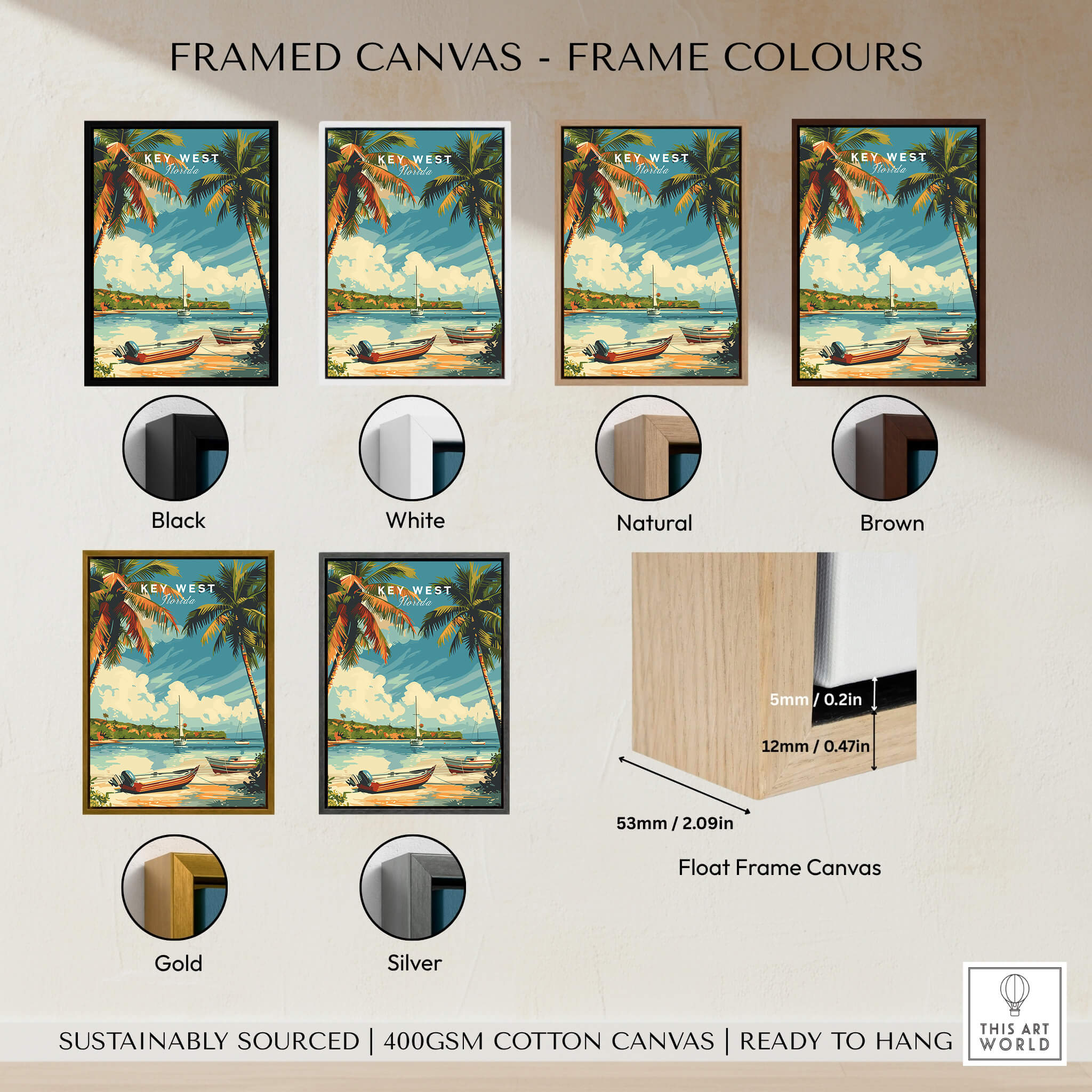 Key West Poster framed canvas options in various colors including Black, White, Natural, Brown, Gold, Silver.