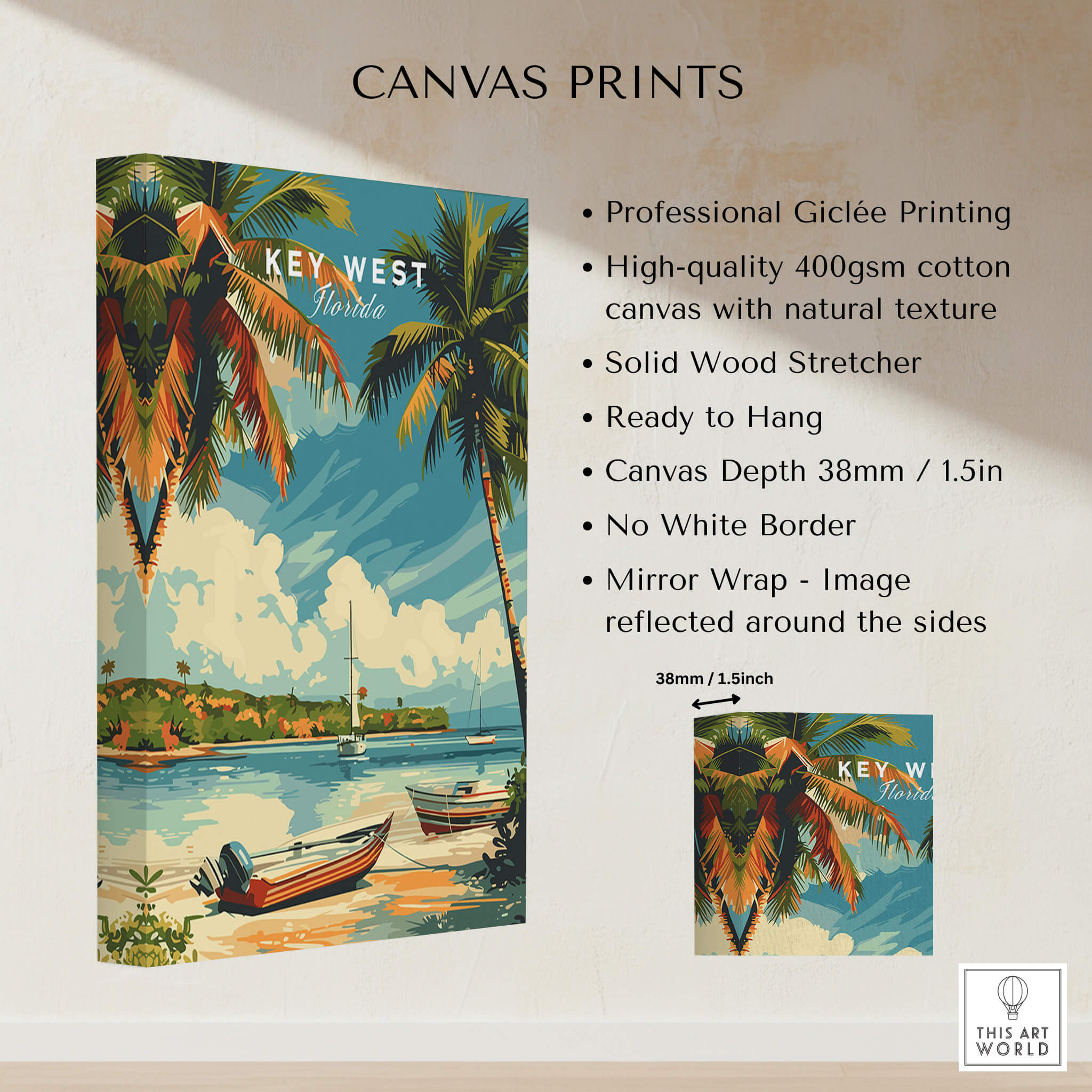 Key West Poster showcasing tropical landscape and boats, perfect for home decor.