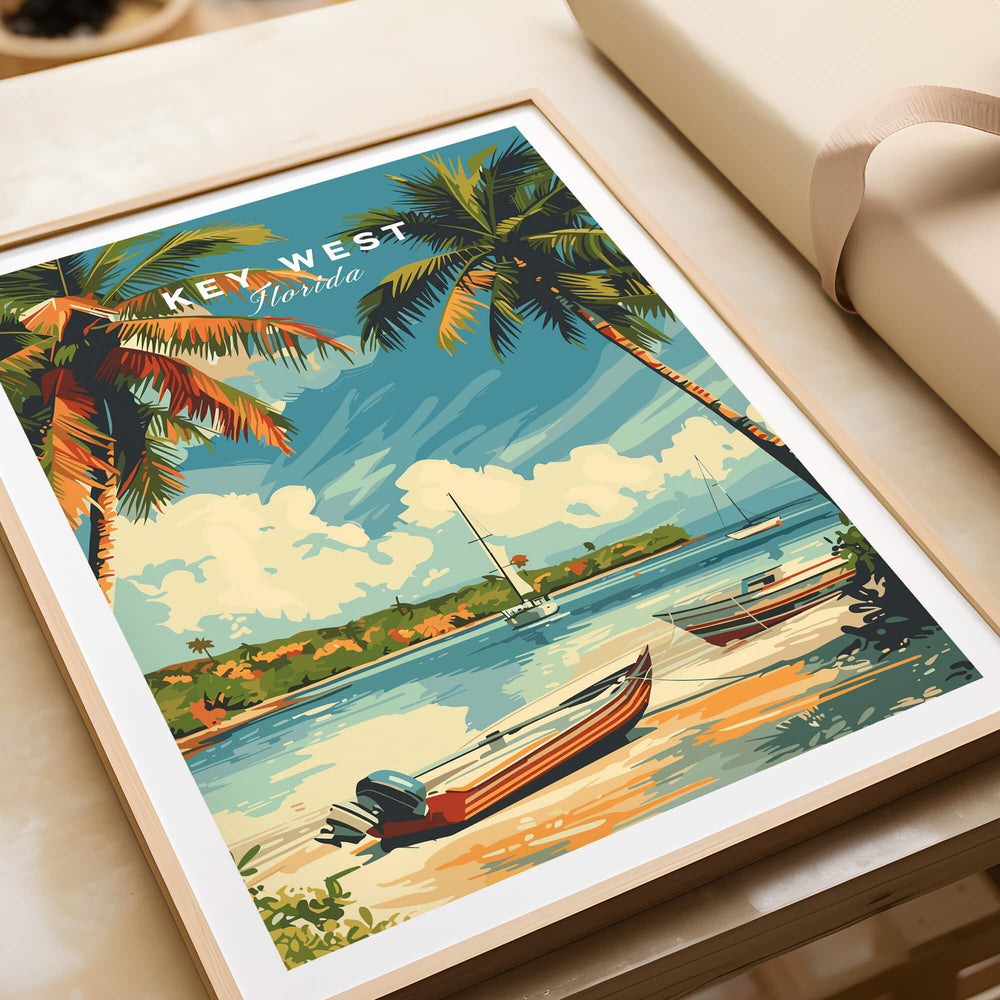 Key West Poster featuring a tropical scene with palm trees and boats, capturing the essence of Florida's paradise.