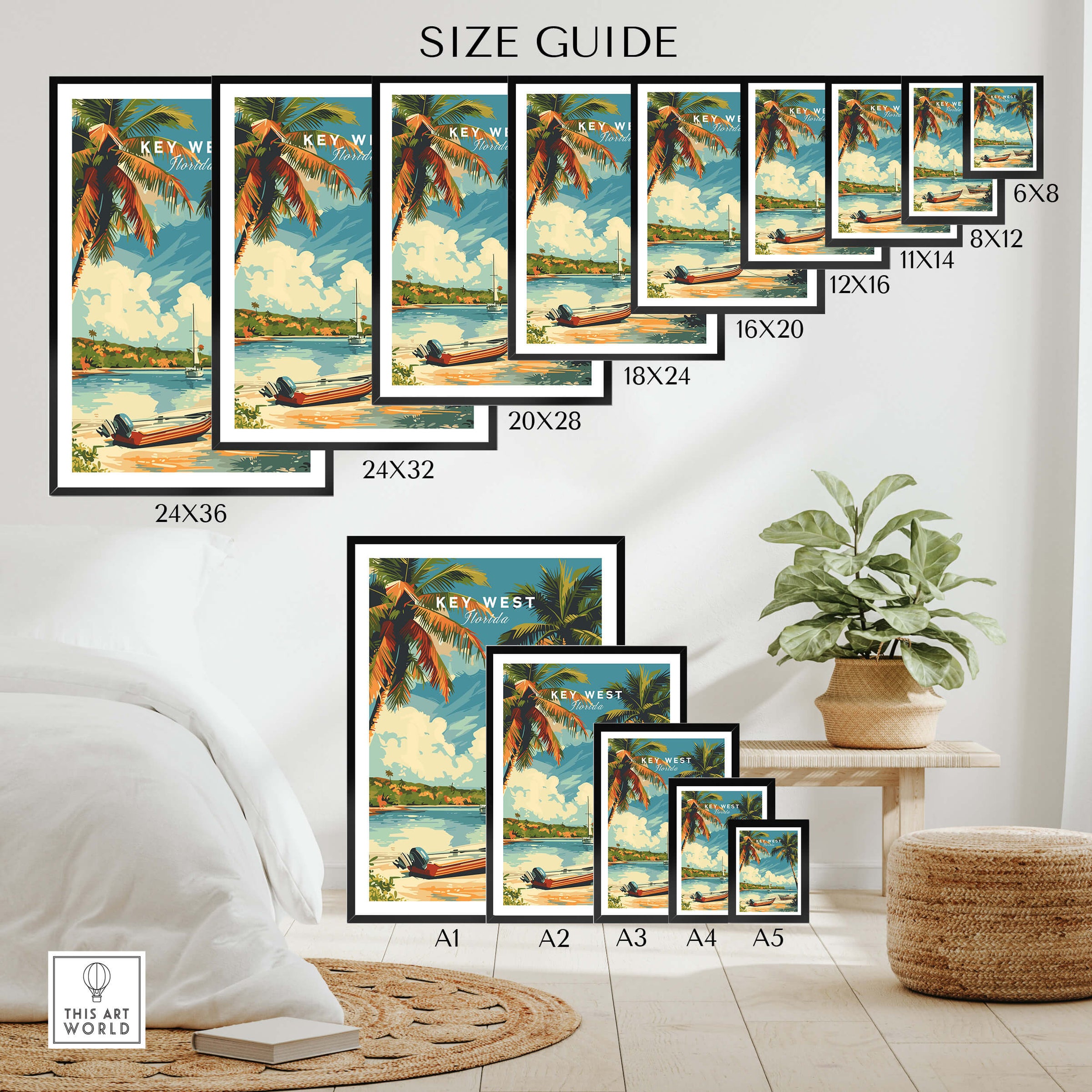 Key West Poster size guide showcasing various frame sizes and design options for the tropical print.