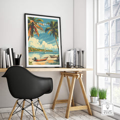 Key West Poster displayed in a stylish office setting, featuring palm trees and a tropical beach scene.